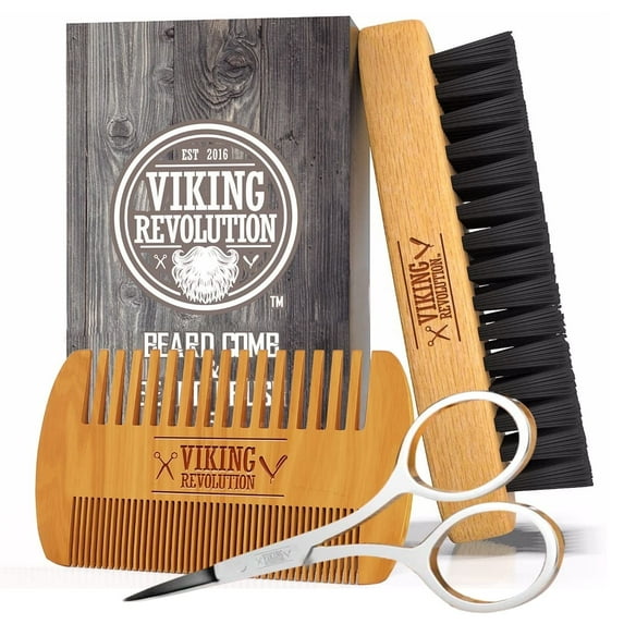Viking Revolution - Beard Comb & Beard Brush Set for Men - Natural Boar Bristle Brush and Dual Action Pear Wood Comb with Velvet Travel Pouch