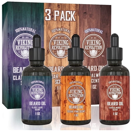 Viking Revolution - Beard Oil Conditioner - Natural Beard Oil - Variety Pack Mix Bay Rum, Unscented, Sandalwood, 3 Packs