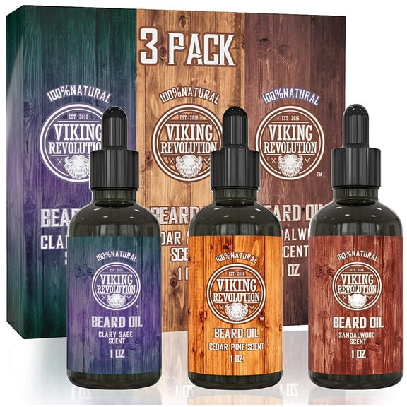 Viking Revolution - Beard Oil Conditioner - Natural Beard Oil - Variety Pack Mix Bay Rum, Unscented, Sandalwood, 3 Packs
