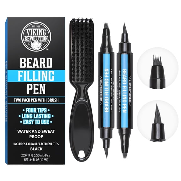 Viking Revolution - Beard Pen - Black Beard Pencil Filler for Men - Waterproof Beard Filling Pen Kit with Brush - 2 Pack