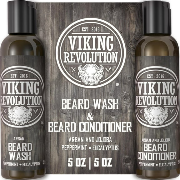 Viking Revolution Beard Wash & Beard Conditioner Set w/Argan & Jojoba Oils – Softens, Smooths & Strengthens Beard Growth - Natural Peppermint and Eucalyptus Scent - Beard Shampoo w/Beard Oil (5 oz)