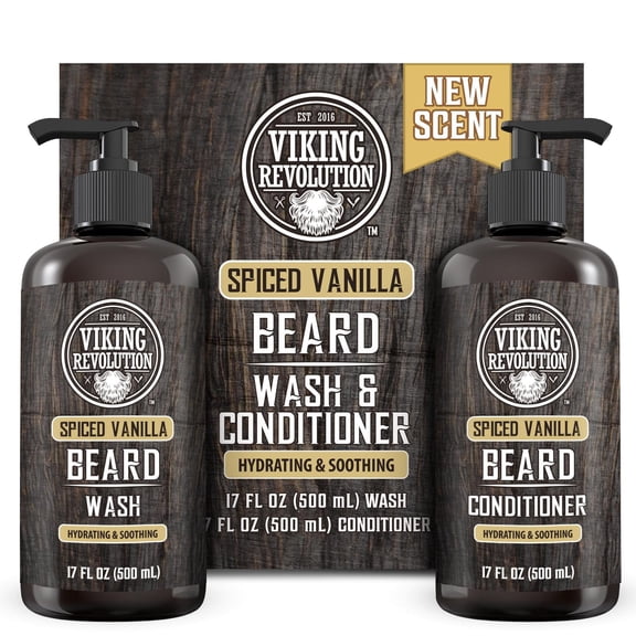 Viking Revolution Beard Wash and Beard Conditioner for Men with Argan Oil and Jojoba Oil - Beard Softener and Strengthener - Spiced Vanilla (17 oz)