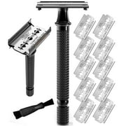 Viking Revolution - Long Handle Double Edge Safety Razor - Butterfly Open Razor 10 Japanese Stainless Steel Double Edge Blades - Close, Clean Shaving Razor Men., Black Long Handle, 12 Piece Set