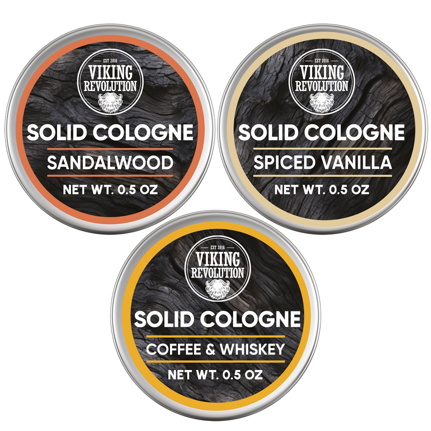 Viking Revolution Solid Cologne 3 pack, Sandalwood, Spiced Vanilla, Coffee & Whiskey, 0.5 oz ea