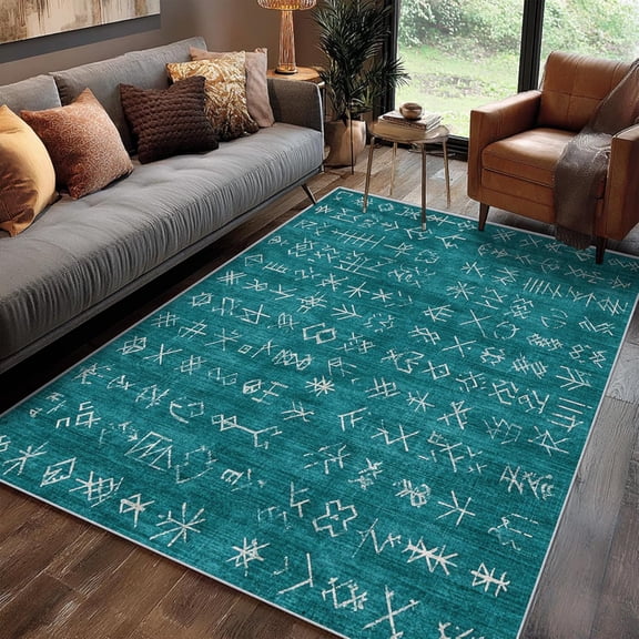 Viking Rune Area Rugs, Norse Teal Pattern Carpet, Washable Non Slip Low Pile Soft Rug for Living Room Bedroom Decor Mat 2x3ft
