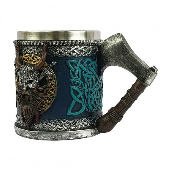 Viking Rune Character Mug With Axe-Shaped Handle, Faux Wood & 304 Stainless Steel, 20Oz Large Capacity, Ideal Gift For Mythology Fans & Home Decoration
