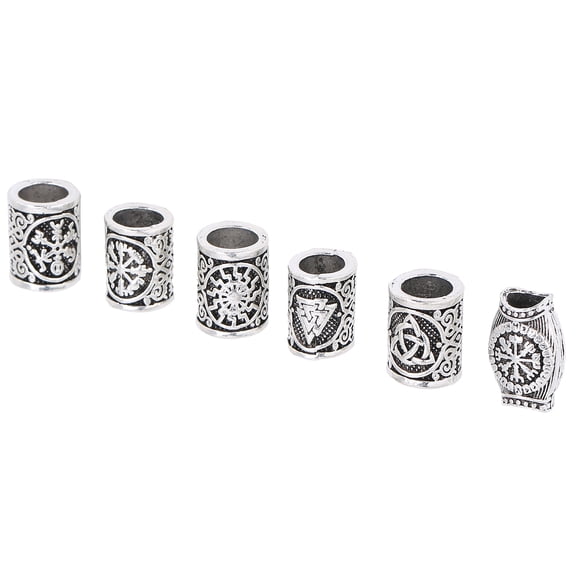 Viking Rune Pattern Dreadlocks Beard Hair Beads Retro Alloy Braiding Hair Accessory Tube Set / 6-Pack (0.3 inches)