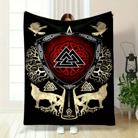 Viking Runes & Tree of Life Print, Nordic Mythology, Fluffy & Soft, Reversible, All-Season, Polyester, Digital Print, Contemporary Style,No Embellishments