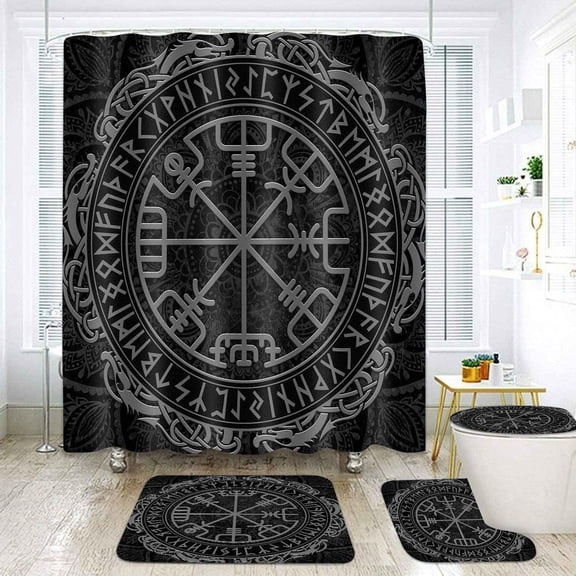 Viking Runic Compass Shower Curtain Set, 4PCS Vegvsir Nordic Celtic Rune Black Bathroom Sets with Shower Curtain and Rugs, Toilet Lid Cover, Bath Mat and U Shaped Rug, 12 Hooks, SETXTGU3