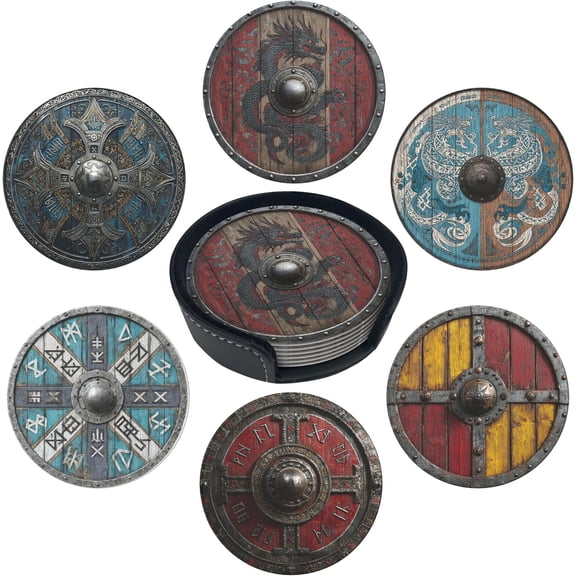 Viking Shield Leather Round Drink 6 Pcs Set with Holderor for Cup Drink Coffee Table Bar Home Decor