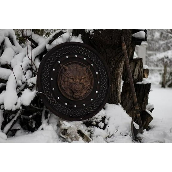Viking Shield,Wolf Shield,Viking Wall Decor,Wood Wall Art,Handmade Home Decor,Fathers Day Gift For Him,Handmade Gift for Him Wall Hangings, 24 Inch, Brown