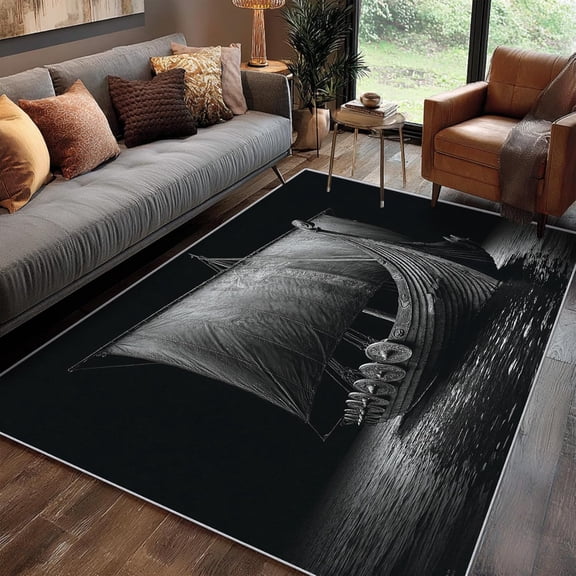 Viking Ship Area Rugs, Vintage Black Pattern Carpet, Washable Non Slip Low Pile Soft Rug for Living Room Bedroom Decor Mat 2x3ft