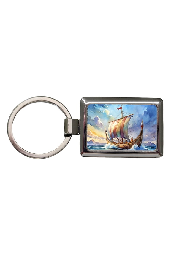 Viking Ship On The Ocean Watercolor Metal Rectangle Keychain