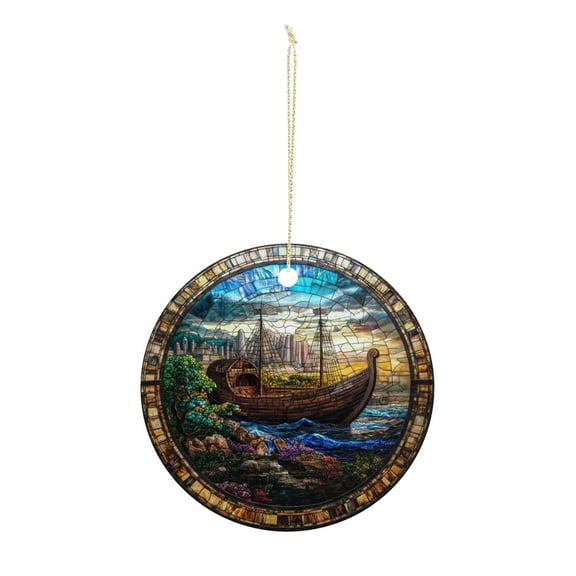 Viking Ship Stained Glass Christmas ornament, Christmas decoration, holiday present idea, heirloom keepsake, round ceramic, gift Exchange, bauble present, gift idea