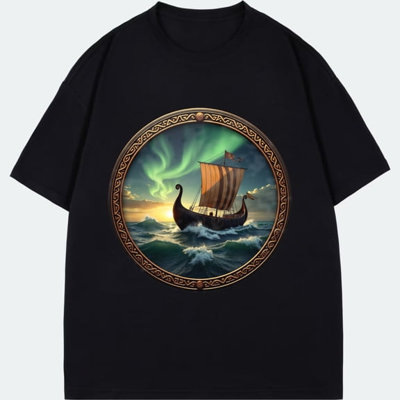 Viking Ship T Shirt Black Norse Longboat Aurora Borealis Design Nordic Ocean Adventure Graphic Tee For Men Women Outdoor Travel Wear