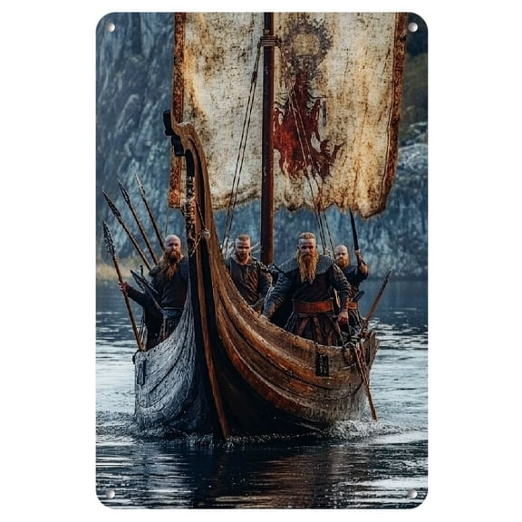 Viking Ship Warriors Metal Tin Sign Wall Art - 1 Piece Iron Decorative Plaque for Home, Bar, Cafe - Vintage-Inspired War Theme Poster - Waterproof & Weather-Resistant, Pre-drilled - 8x12 inches
