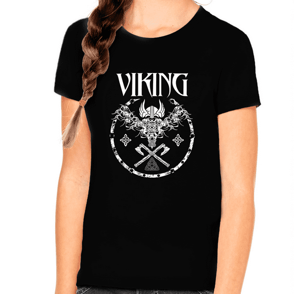 Viking Shirts for Girls - Norse Mythology Odin Valkyrie Valhalla Vikings Raven Thor Nordic Graphic Tees for Kids