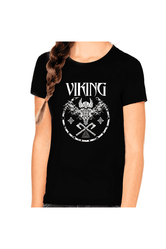 Viking Shirts for Girls - Norse Mythology Odin Valkyrie Valhalla Vikings Raven Thor Nordic Graphic Tees for Kids