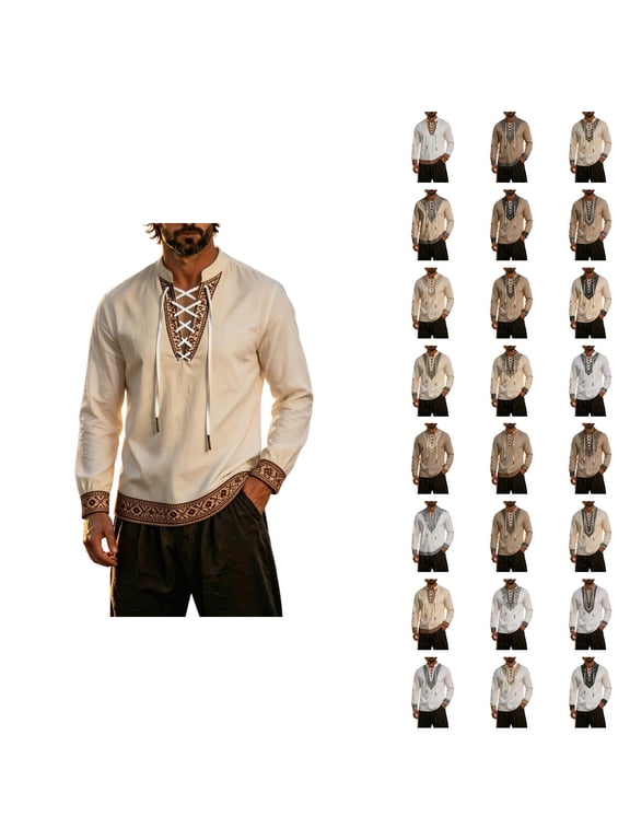 Viking Shirts for Men Long Sleeve Loose Casual Lace Up Stand Collar Vintage Pirate Culture Print Fall Shirt