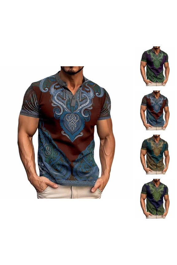Viking Shirts for Men Summer Short Sleeve Casual Henley Shirt Vintage Norse Mythology Graphic Tee Shirts