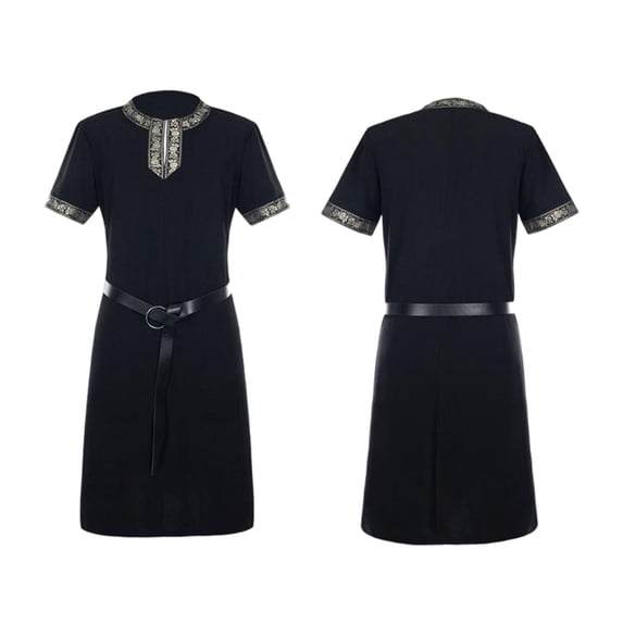 Viking Short Sleeve Medieval Tunic, Short Sleeve Medieval Viking Tunic, Gold Embroidery Collar Renaissance Warrior Costume Top With Belt, Multi Color Larp Cosplay Shirt, Black L