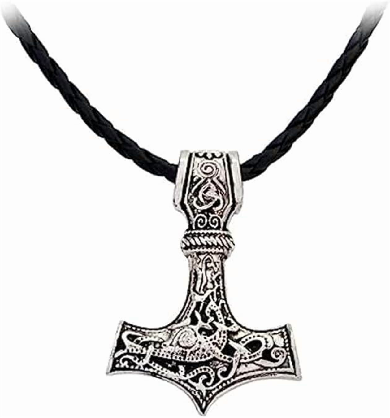 Viking Silver Hammer Necklace Mjolnir Amulet Pendant Rope Nordic Icelandic Dragon Fenrir Medallion Thor Ouroboros Celtic Goth Gothic Pendant Necklace