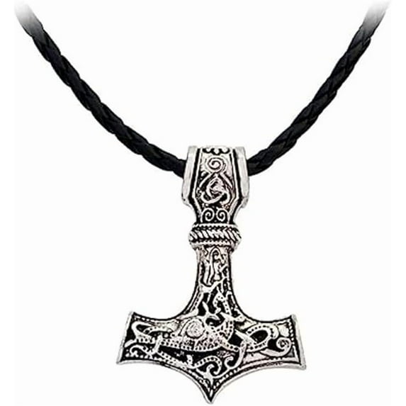 Viking Silver Hammer Necklace Mjolnir Amulet Pendant Rope Nordic Icelandic Dragon Fenrir Medallion Thor Ouroboros Celtic Goth Gothic Pendant Necklace