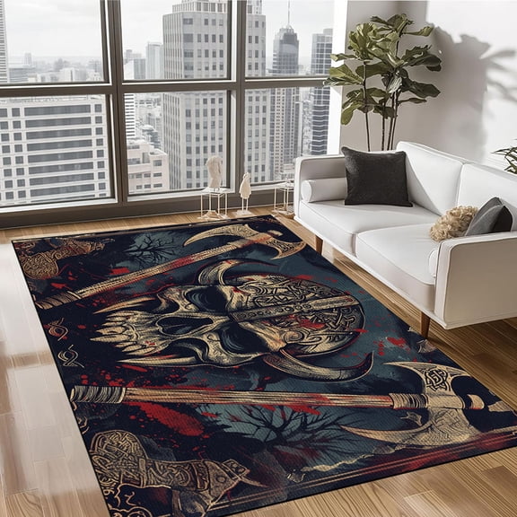 Viking Skull and Axe Pattern Area Rug, Indoor Outdoor Home Decor Carpet - Bedroom Living Room Office Playroom Non-Slip Mat Living Room, Bedroom Game Room Home Decoration