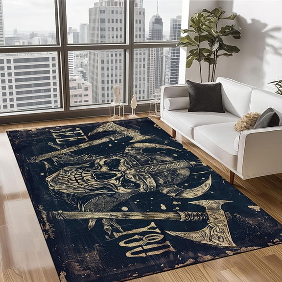 Viking Skull and Axe Pattern Area Rug, Indoor Outdoor Home Decor Carpet - Bedroom Living Room Office Playroom Non-Slip Mat Living Room, Bedroom Game Room Home Decoration