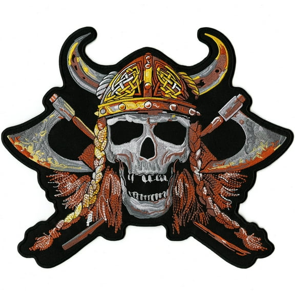 Viking Skull Patch 12" | Axe Warrior Realistic Embroidered Skeleton Jacket Back Patches | Iron On Large - by Nixon Thread Co.