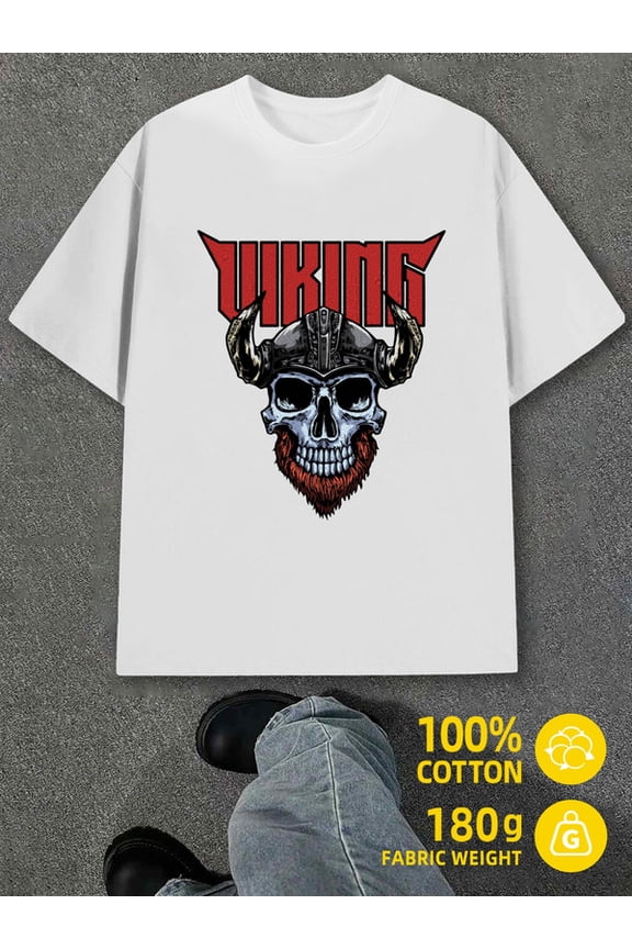 Viking Skull Tee mens white 180G 100% Cotton Comfortable loose T-shirt Funny Unisex Shirt Graphic Tee tshirts Casual Unisex Shirt Graphic Tee tshirts