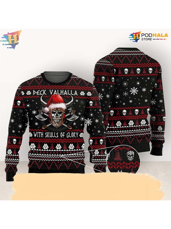 Viking Skull Valhalla Glory Scene Deck Of Bones Pattern 3D Christmas Sweater