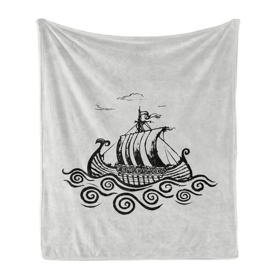 Viking Soft Flannel Fleece Throw Blanket, Hand Drawn Ship on Whirlpool Look Waves Greyscale Design Print, Cozy Plush for Indoor and Outdoor Use, 60" x 80", Pale Grey Charcoal Grey, by Ambesonne