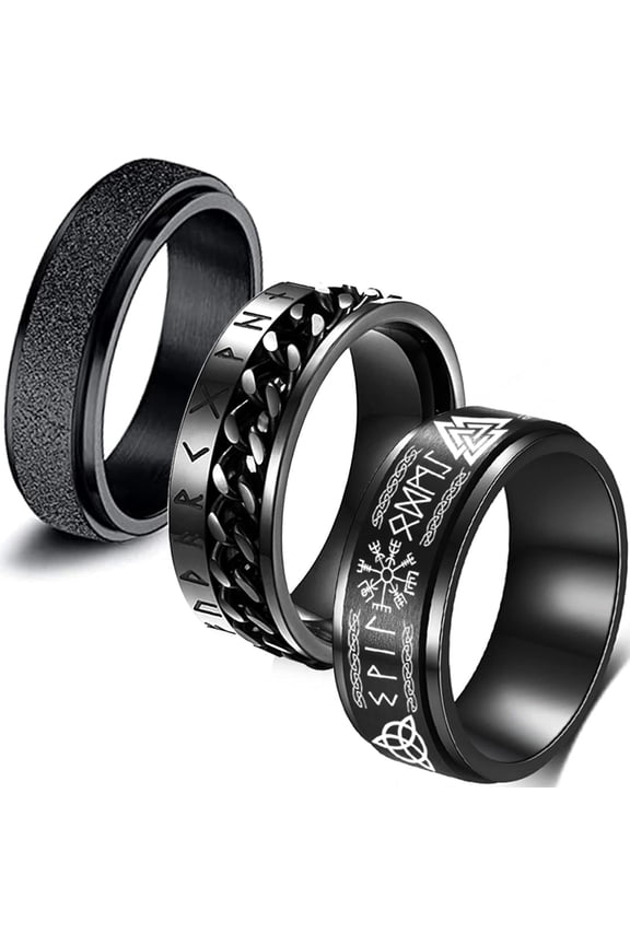 Viking Spinner Rings for Men, 3-Pack Release Anxiety and Embrace Your Inner Warrior with Stylish, Functional and Durable Jewelry, Black-7-black(3pcs)