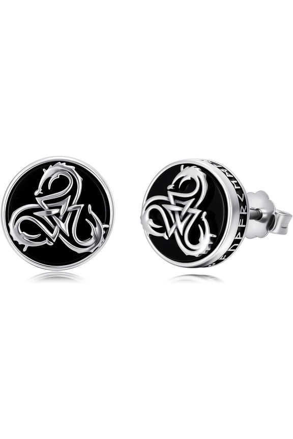 Viking Stud Earrings 925 Sterling Silver Tree of Life Ankh Cross Skull Valknu Earrings Natural Black Onyx Stud Earrings for Men Women
