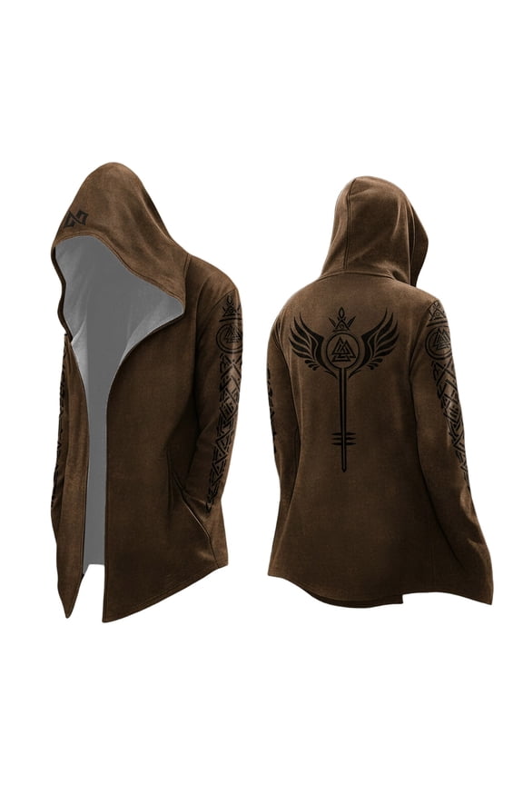 Viking Style Hooded Cardigan Long Sleeve Knit Sweater Printed Design Cozy Interior Brown XXXXL
