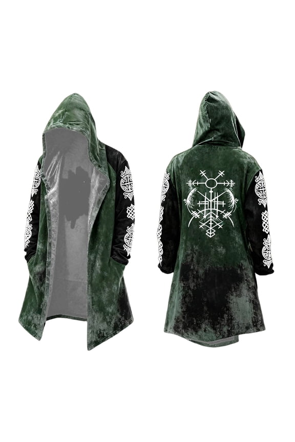 Viking Style Hooded Cardigan Print Longline Knit Sweater Open Front Cozy Cardigan for Men Green XXXXL