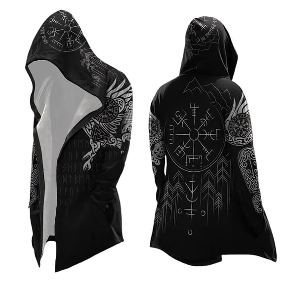 Viking Style Hooded Cardigan Printed Pattern Long Sleeve Pullover Sweater Open Front Knit Black L