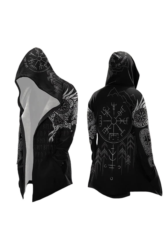 Viking Style Hooded Cardigan Printed Pattern Long Sleeve Pullover Sweater Open Front Knit Black XXXL