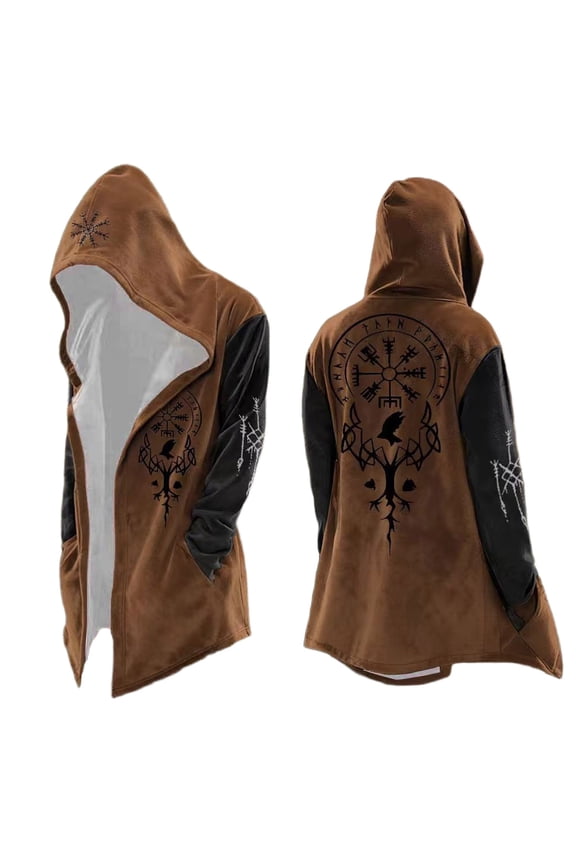 Viking Style Knit Hoodie Cardigan Longline Zipless Sweater with Hood Lightweight Jacket for Men Brown XL