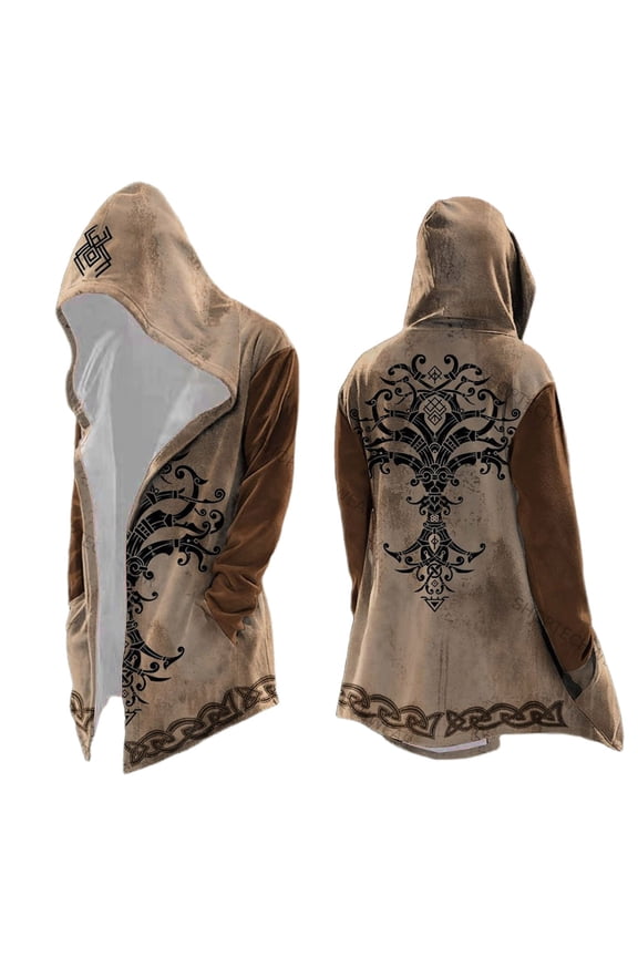 Viking Style Knit Hoodie Longline Cardigan Zipless Sweater with Hood and Print Pattern for Casual Wear Khaki XXXL