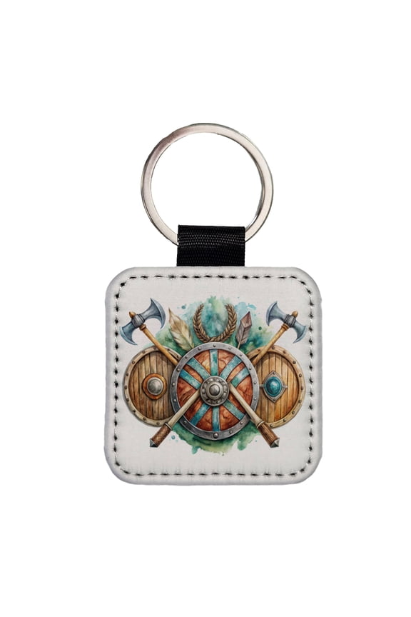 Viking Symbols Shields Axes Watercolor Faux Leather Square Keychain