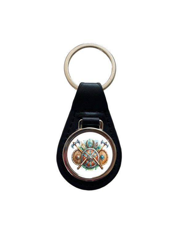 Viking Symbols Shields Axes Watercolor Metal Black Leather Keychain
