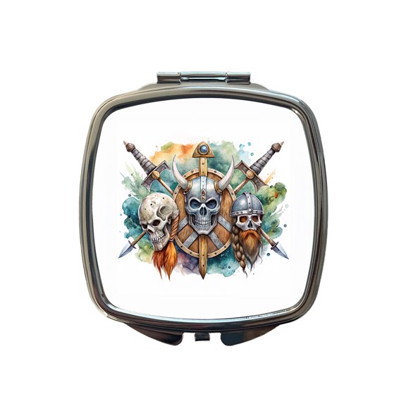 Viking Symbols Shields Swords Skulls Watercolor Travel Makeup Handbag Purse Small Pocket Compact Mirror