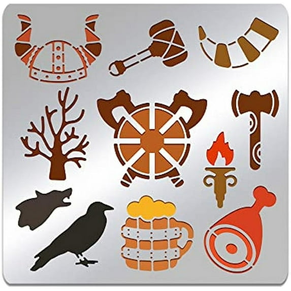Viking Theme Pattern Stencil 6x6 inch Stainless Steel Reusable Animals Shields Trees Torches DIY Template Stencils