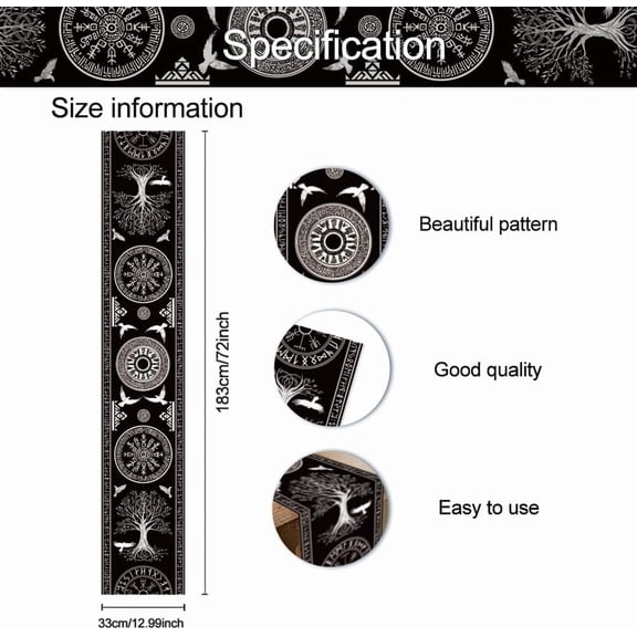 Viking Thick Table Runner Black and White Gothic Table Decor Tree of Life Polyester Runners for Kitchen Decor Horoscope Farmhouse Tables Runner for Furniture Centerpiece Party Decor 72x13in
