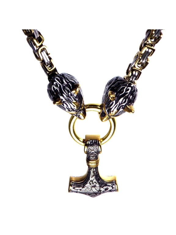 Viking Thors Hammer Necklace Gold 316L Stainless Steel Byzantine Chainmail Chain Mens Fantasy Forge Jewelry