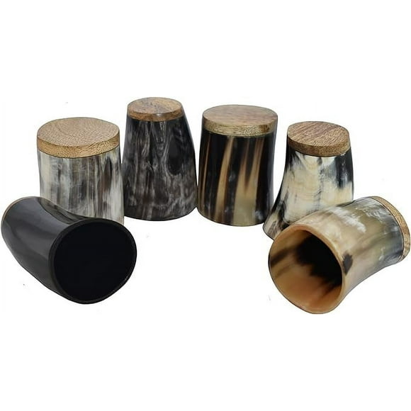 Viking Traders geniune Medieval Hand-Crafted Horn Shot Glass Set (6) - 2.7 oz Mini-Drinking Horns for Toasting Spirits Ale Mead