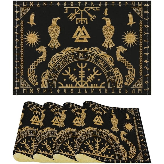 Viking Tree of Life Abstract Placemats for Living Room Home Party Coffee Dining Party Wedding Golden Black Celtic Style Geometric Dragon Boat Rudder Ancient Script Placemats 18x12 Inch 4PCS