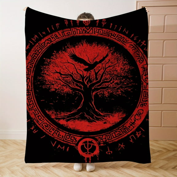 Viking Tree of Life Digital Print Flannel Throw Blanket Contemporary Style All Seasons Knitted 200-250gsm Soft & Cozy for Bed Sofa Office Camping Travel Ideal Gift
